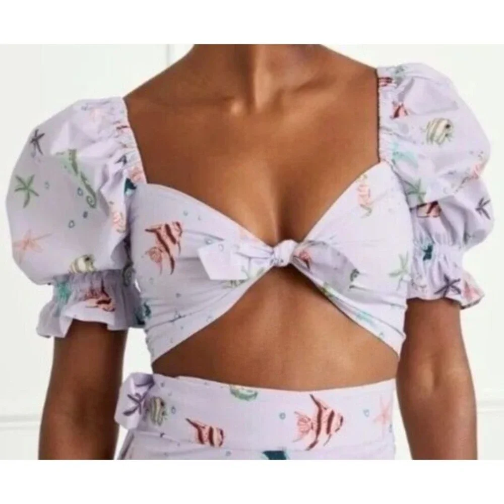 Hill House Women's The Isabella Top Sea Creatures Tie Front Smocked Back Size M